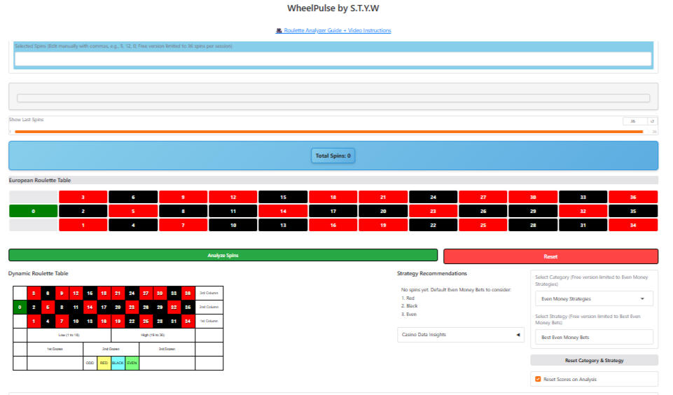 WheelPulse Free by S.T.Y.W WheelPulse Free by S.T.Y.W interface offering basic roulette spin tracking and analysis features for educational purposes, with a user-friendly design and limited functionality compared to the PRO version.
