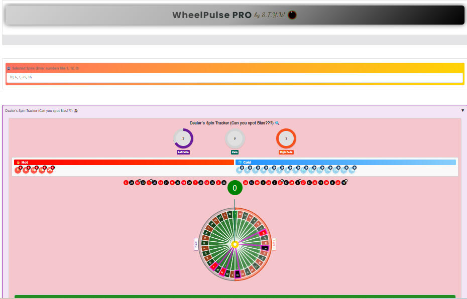 WheelPulse PRO by S.T.Y.W WheelPulse PRO by S.T.Y.W interface showcasing advanced roulette spin analysis tools, including dynamic tables, strategy recommendations, and betting progression trackers for educational use.
