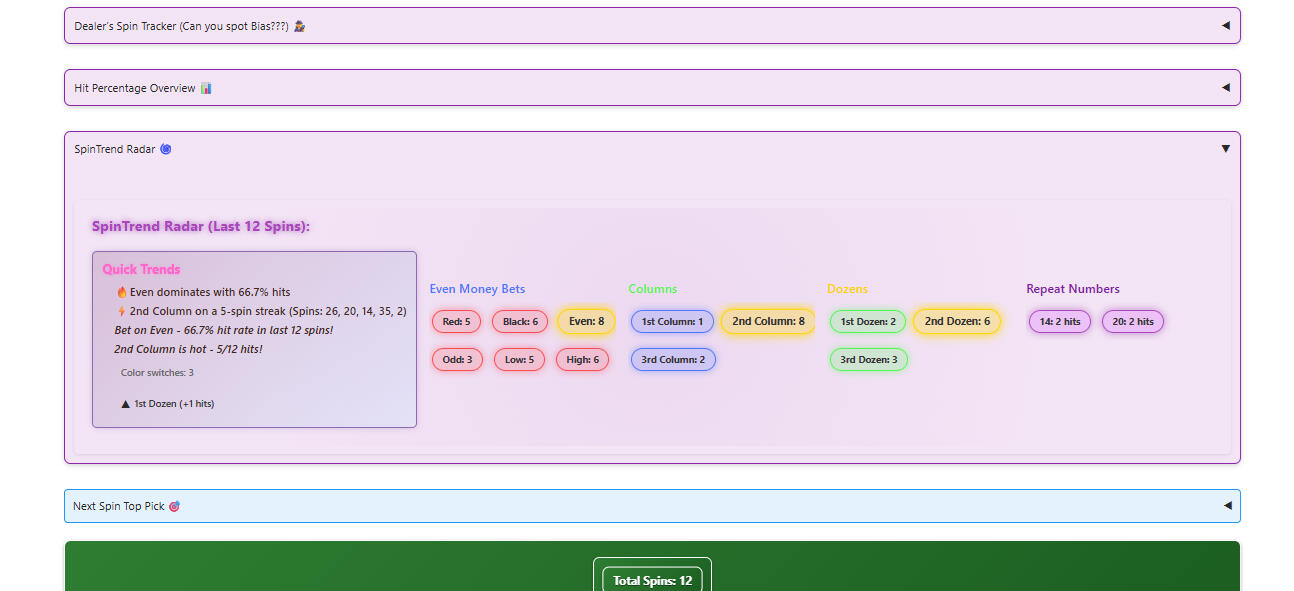 WheelPulse Pro Spin Radar screenshot displaying quick trends for roulette spin analysis